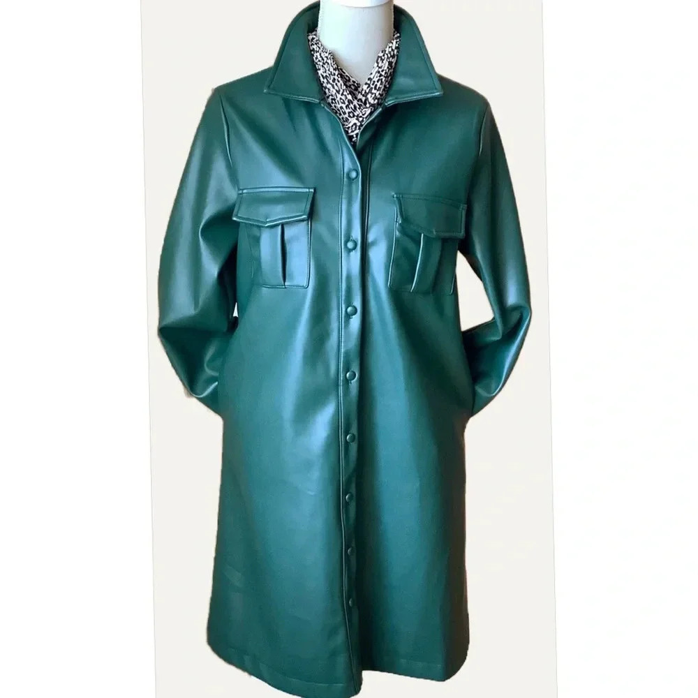 HILARY MACMILLAN Forest Green Vegan Faux Leather Shirt Dress Midi M